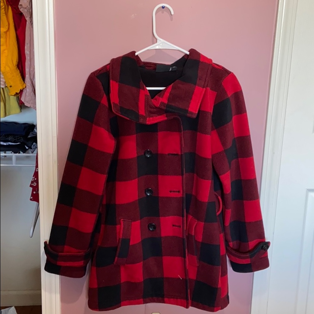 red and black plaid jacket